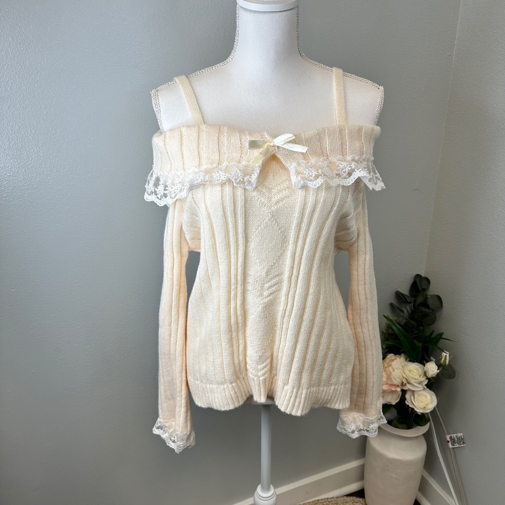Cream Off-the-Shoulder Sweater with Lace Trim